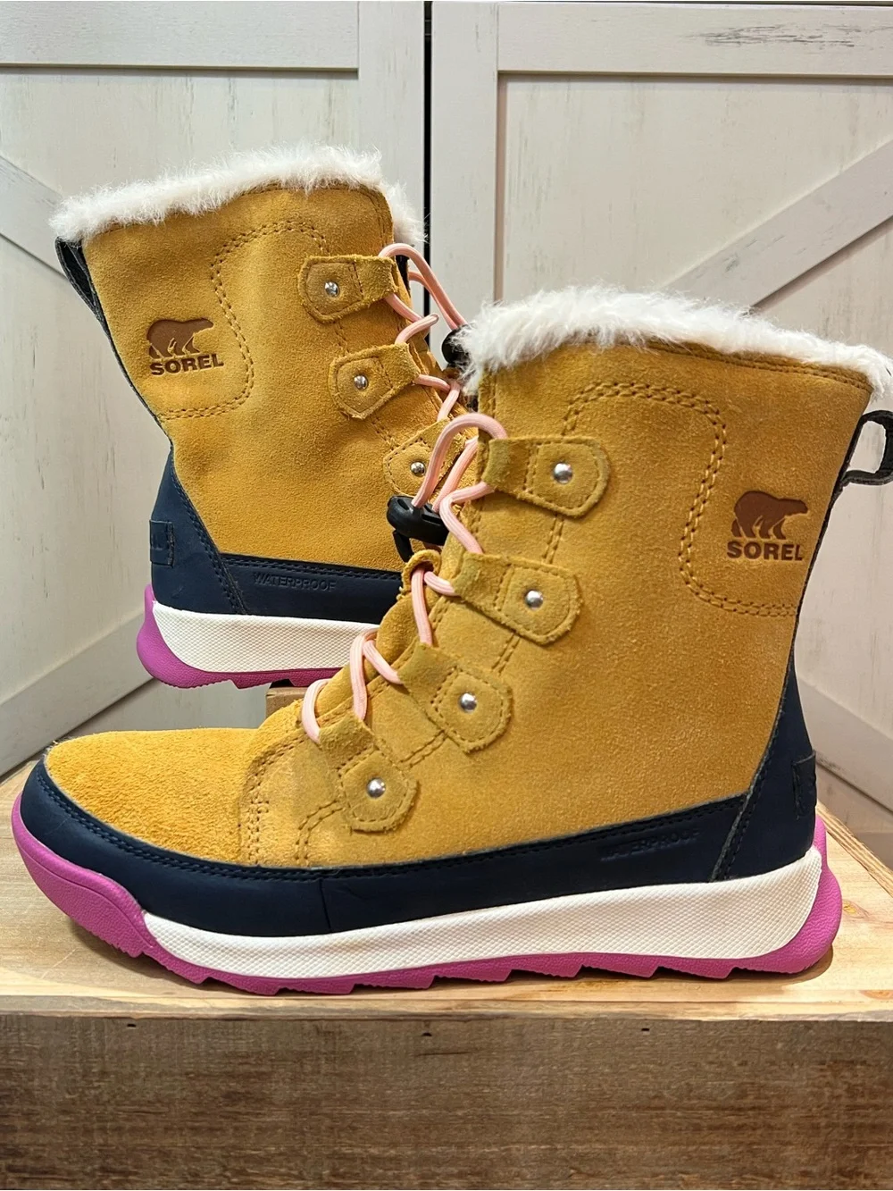 SOREL Youth Whitney II Joan Lace Waterproof Suede Winter Snow Boots Tan Pink 5